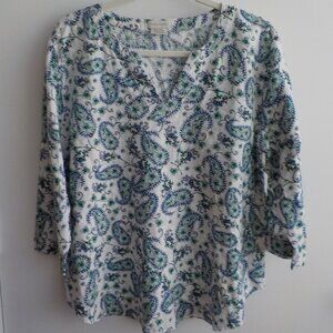 Van Heusen Blouse - Paisley - Cotton - White, Green, Blue - Size XL  (559)